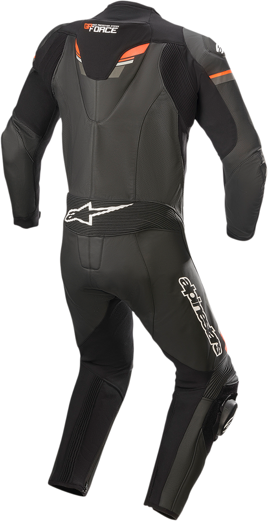 Alpinestars GP Force Chaser 1-piece leather motorcycle suit in black, red, and fluorescent colors, size US 48 / EU 58.