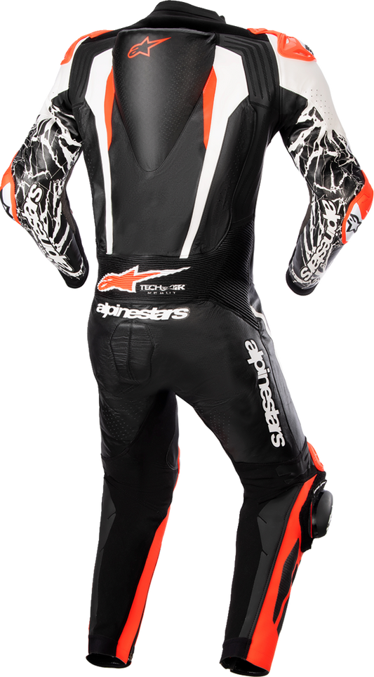 Alpinestars Racing Absolute v2 leather suit in black, white, and red, displayed on a mannequin, US 48 / EU 58 size.