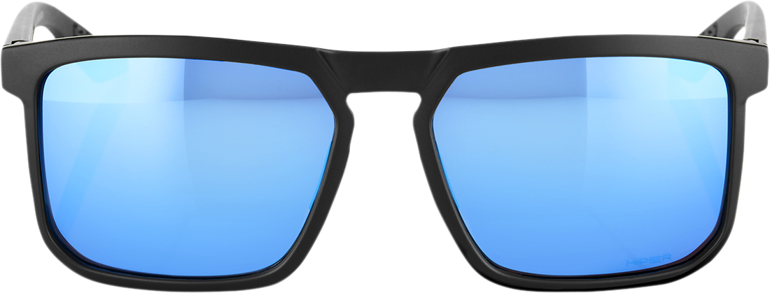 Bill's Exhausts 100% Renshaw sunglasses in matte black with HiPER blue mirror lenses, showcasing stylish eyewear design.