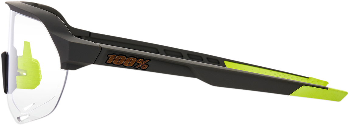 Bill's Exhausts 100% S2 gray photochromic sunglasses with sleek frame and tinted lenses, designed for versatile eye protection.