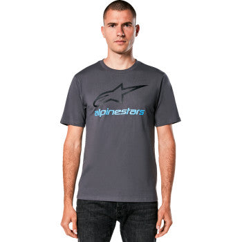 Alpinestars Always 2.0 CSF T-Shirt in charcoal, black, and blue, medium size, featuring the brand logo on the front.