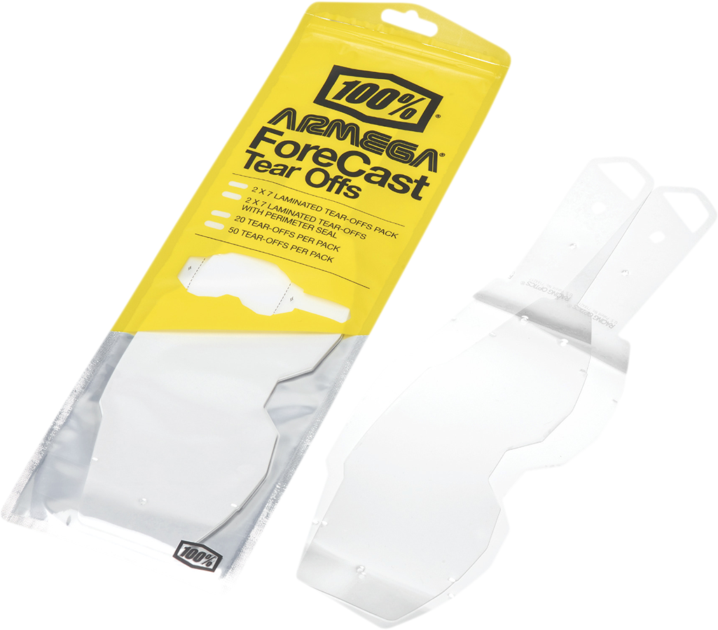 Bill's Exhausts 100% Armega Forecast Tear-Offs, perimeter laminated, 7-pack, designed for motorcycle goggles or eyewear.