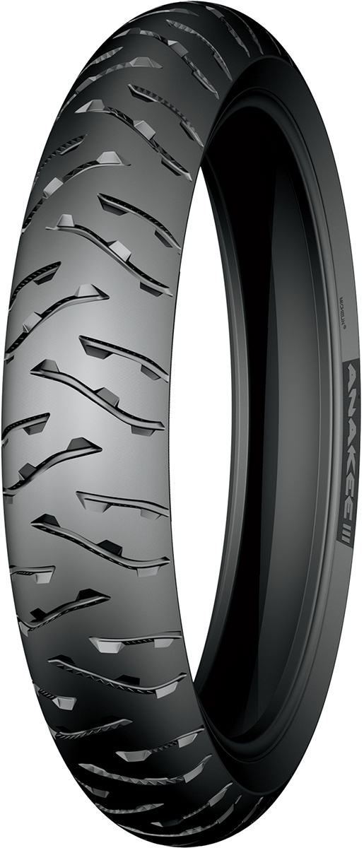 Michelin Anakee III front motorcycle tire 90/90-21 54V with tread pattern, mounted on wheel, for off-road and adventure riding.