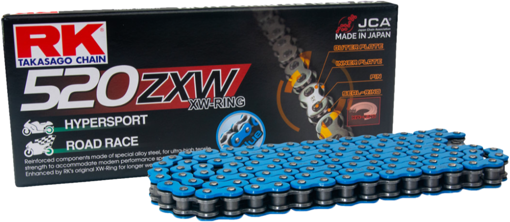 RK EXCEL BB520ZXW-120 motorcycle drive chain with blue finish, designed for high-performance motorcycle chains.