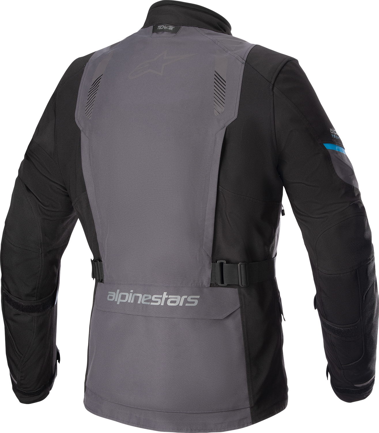 Alpinestars Monteira Drystar XF motorcycle jacket in gray, black, and blue with protective features, size small.
