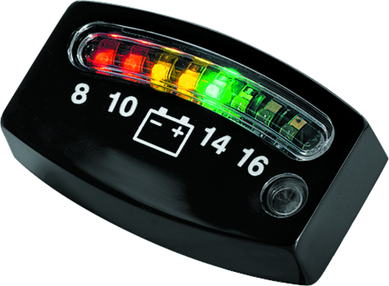 Kuryakyn LED Battery Gauge Universal in black, showing digital display on a motorcycle handlebar mount.