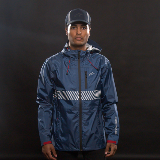 Navy ALPINESTARS Fusion Rain Jacket in XL size, lightweight waterproof jacket with a hood, suitable for outdoor rain protection.