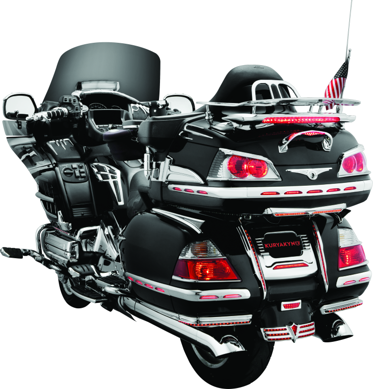Kuryakyn LED lighted trunk lid handle for Honda Gold Wing GL1800 2001-2005, mounted on motorcycle trunk.