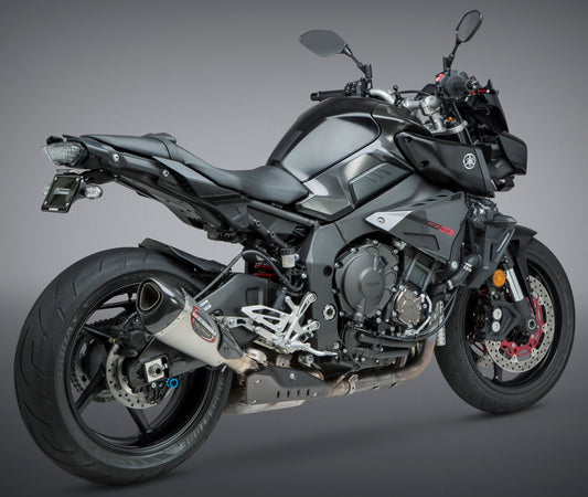 YOSHIMURA Street Alpha T Slip-On exhaust for motorcycle, featuring stainless steel and carbon fiber components, installed on bike.