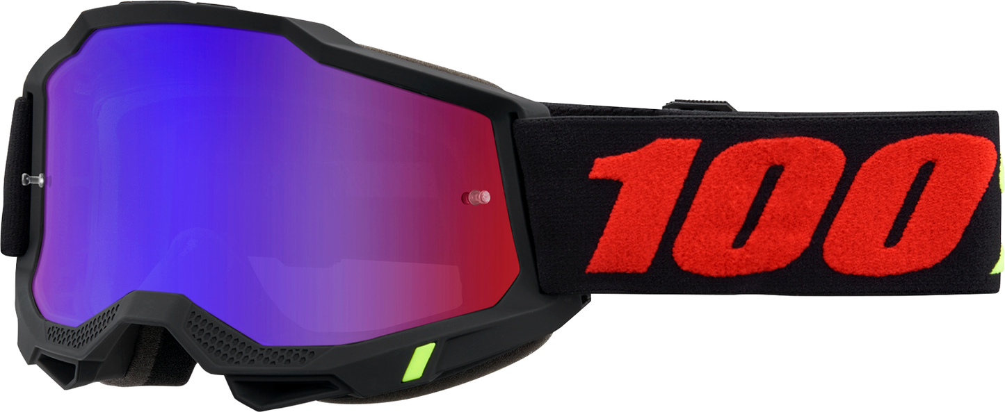 Bill's Exhausts 100% Accuri 2 Goggles in red and blue mirror lenses, featuring a sleek, aerodynamic design for optimal eye protection.