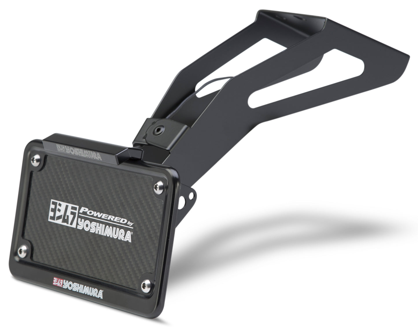 YOSHIMURA Fender Eliminator Kit with LED license plate mount for motorcycle, showing sleek black metal design and mounted LED light.