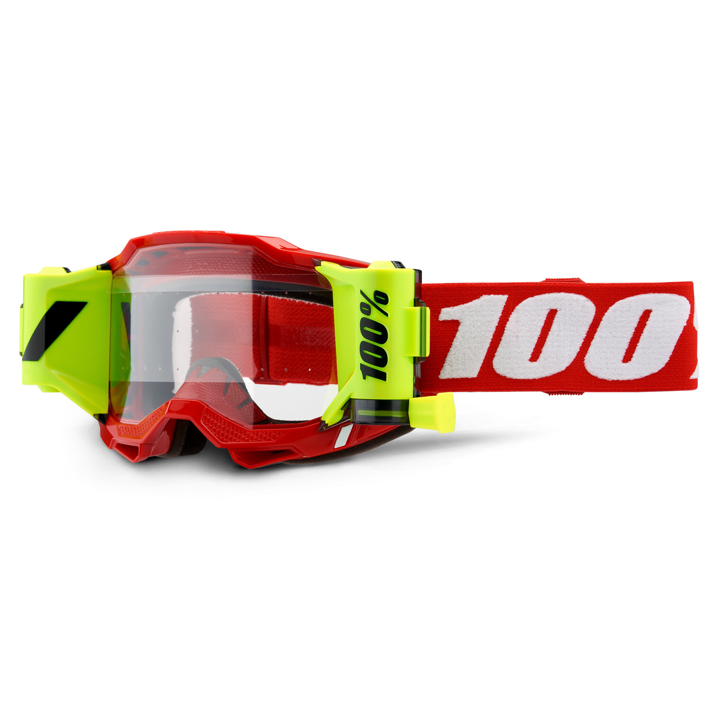 Bill's Exhausts 100% Accuri 2 Forecast Goggles in neon red with clear lenses, designed for motocross and off-road riding.