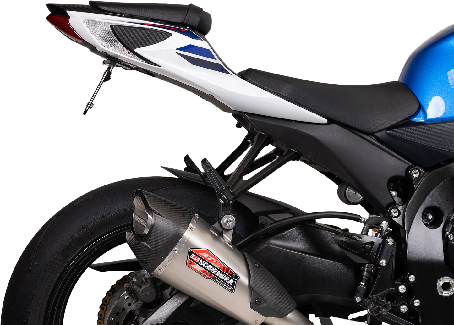 YOSHIMURA Fender Eliminator V2 Base for Suzuki GSX-R600/750 motorcycle, showing sleek black mounting bracket and tail light cutout.