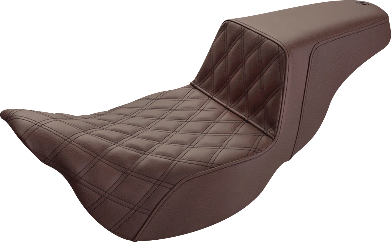 Brown Saddlemens Step-Up Seat with extended reach and front lattice stitch for FL models 2008-2023, designed by Bill's Exhausts.