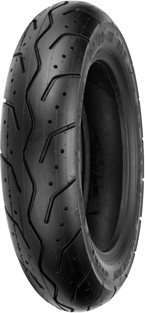 SHINKO 87-4240 80/90-10 scooter tire with bias ply construction, shown mounted on a wheel for front or rear use.