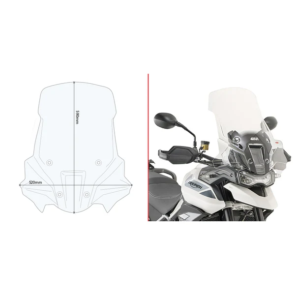 GIVI D6415ST clear and smoked motorcycle windshield showcasing its aerodynamic design and transparency for compatible bikes.