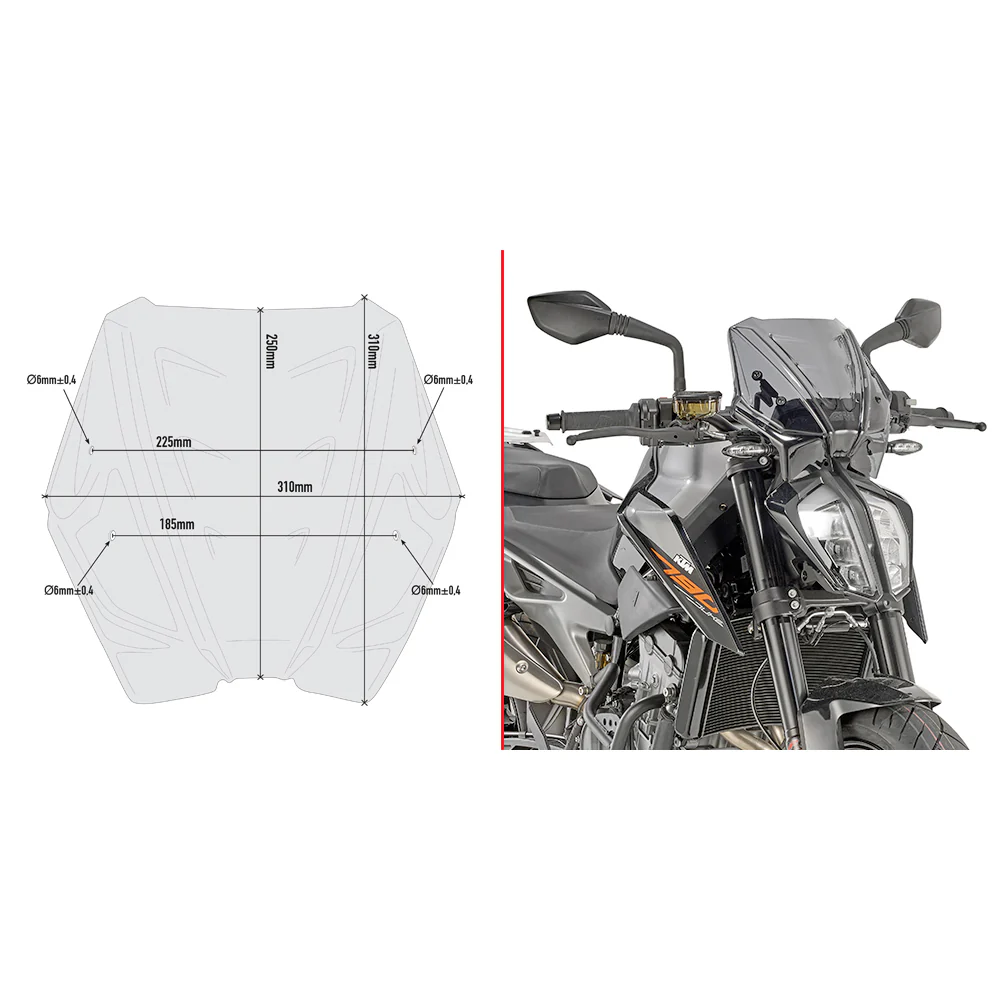 GIVI A7708 windshield for KTM motorcycles with low smoke tinted finish, replacement motorcycle windshield visible in the image.
