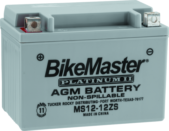 BikeMaster AGM Battery MS12-12ZS with positive and negative terminals, compact design, and durable casing for motorcycle use.