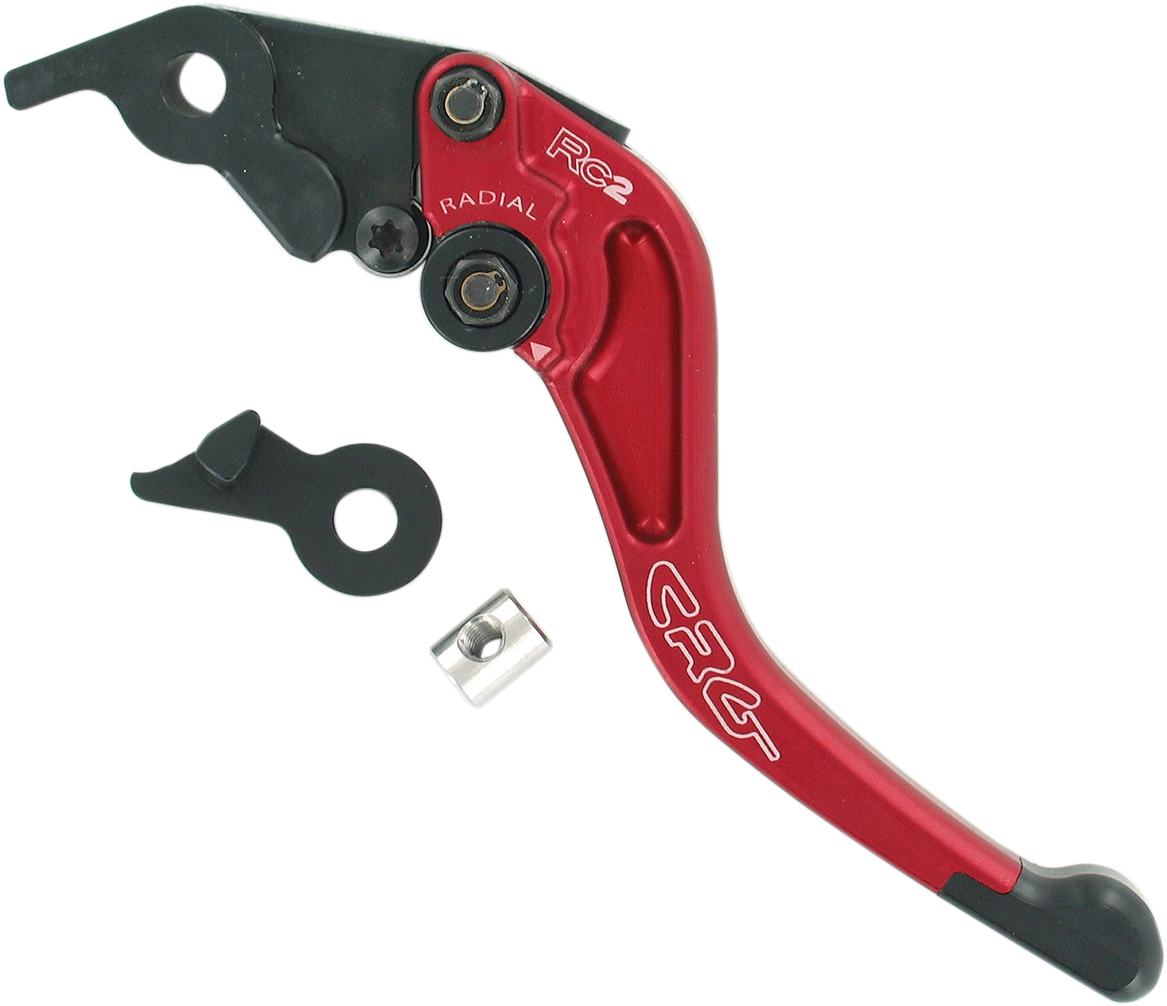 Red CRG RC2 Shorty Clutch Lever for motorcycles, showcasing the compact design and vibrant finish.