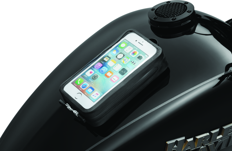 Kuryakyn Magnetic Device Tank Pouch in black holding a cell phone and GPS on a powersports vehicle.