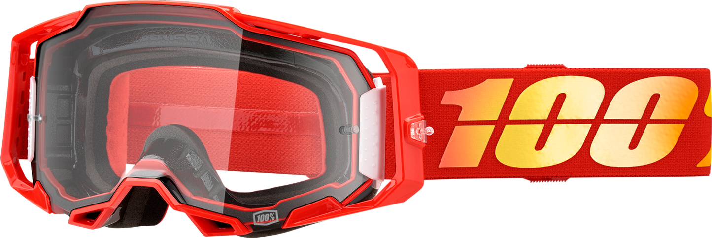 Bill's Exhausts 100% Armega Nuketown goggles with clear lenses, featuring a sleek design and adjustable strap for a secure fit.