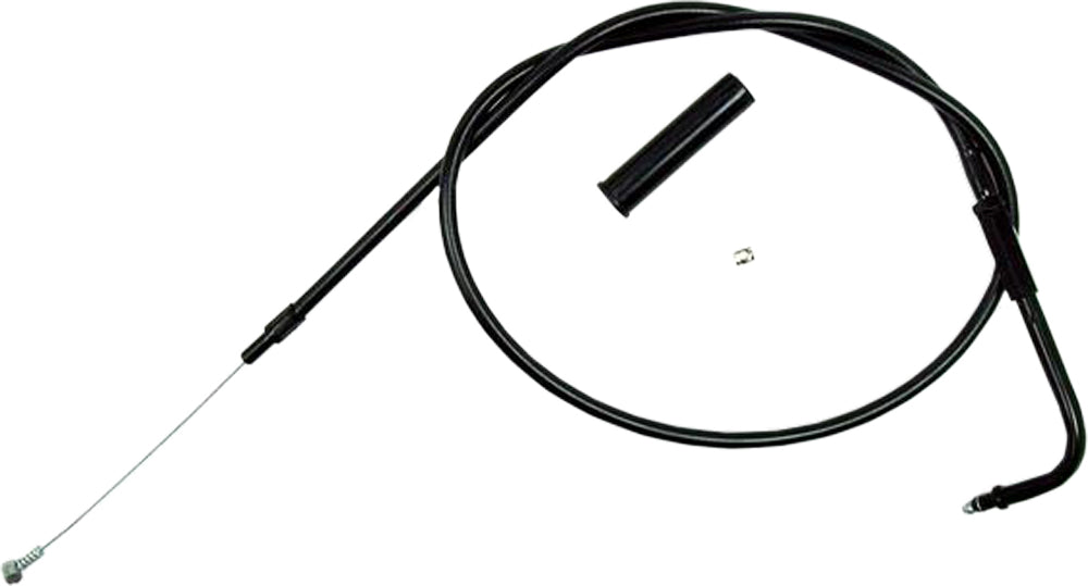 Black Motion Pro Blackout Idle Cable for motorcycle control, showing the durable black cable and fittings on a neutral background.