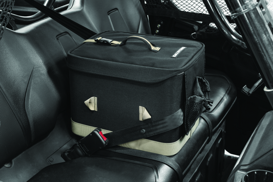 Kuryakyn SXS seat console with cooler in black for powersports vehicles, featuring storage and beverage cooling compartments.