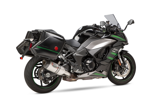 YOSHIMURA RS-12 ADV Street Alpha slip-on exhaust for Kawasaki motorcycle, featuring a sleek metal finish and compact design