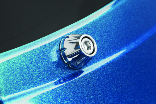 Kuryakyn windshield screws for Harley Davidson FLTR models, showing shiny metal screws on a motorcycle windshield.