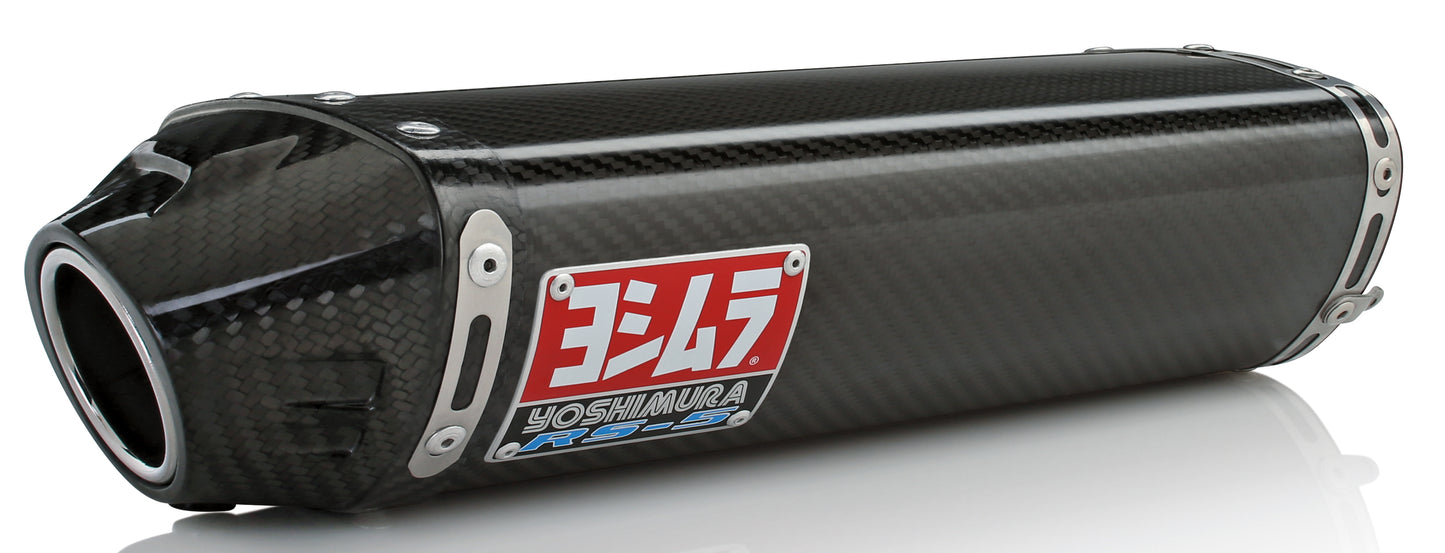 YOSHIMURA RS-5 Slip-On exhaust with stainless steel and carbon fiber finish for street motorcycles, shown mounted on a bike.