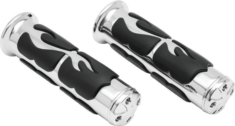Chrome Kuryakyn ISO Flame grips for Victory motorcycles, 1 inch handlebar diameter, with a sleek flame design.