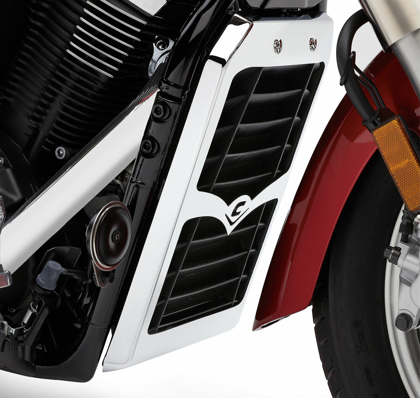 Chrome COBRA radiator cover for Yamaha Stryker 2011-2018 motorcycle, part 05-9370, with a sleek, polished finish.