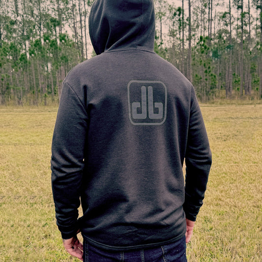 Back view of black eDirtyBike hoodie shirt with logo print on the back, casual streetwear style.