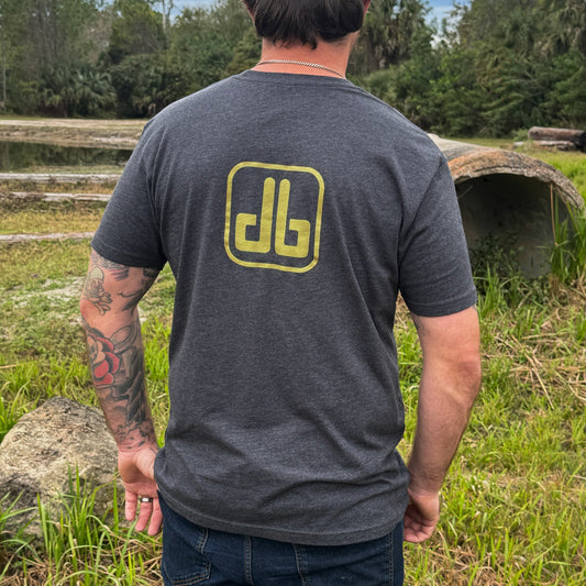 Gray eDirtyBike short sleeve T-shirt featuring a back view with the DirtyBike logo on the chest and comfortable casual fit.