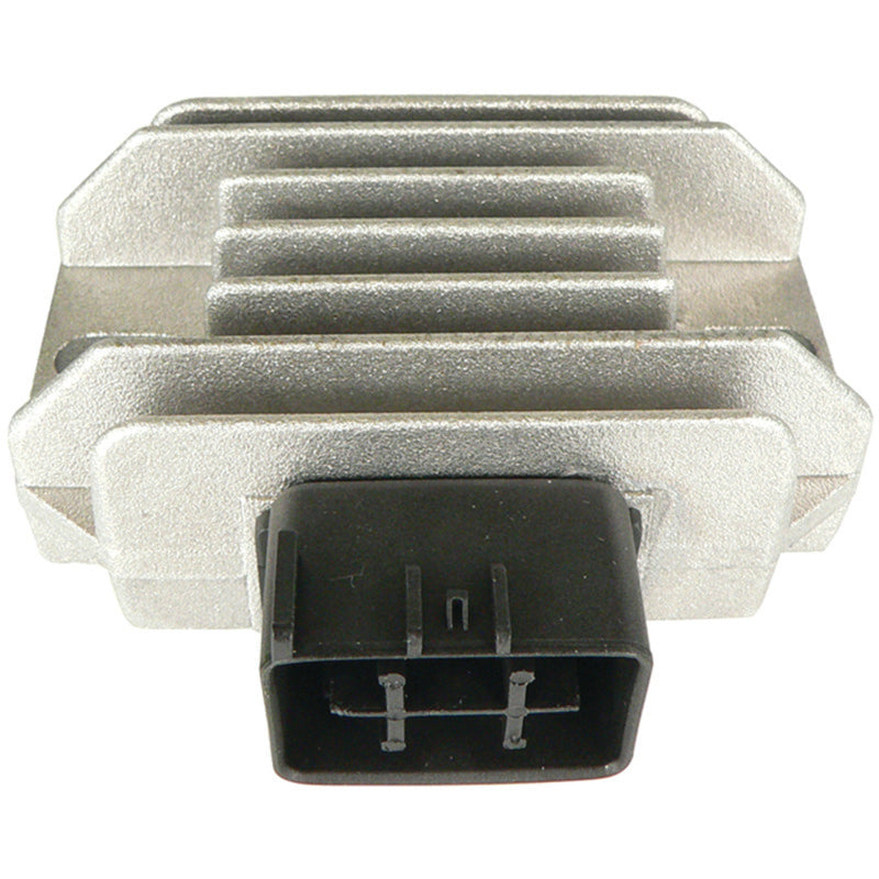 QuadBoss voltage regulator for Suzuki LT-F250 and Kawasaki KFX400, showing the black rectangular component with wiring.