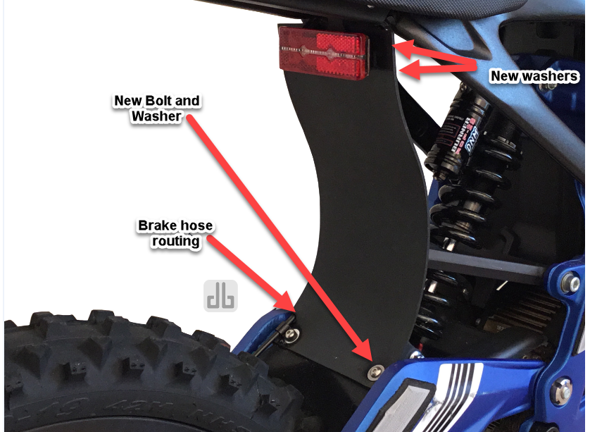 eDirtyBike Shock Protector mud guard for Surron LBX XL seat extensions, shown with installation instructions.