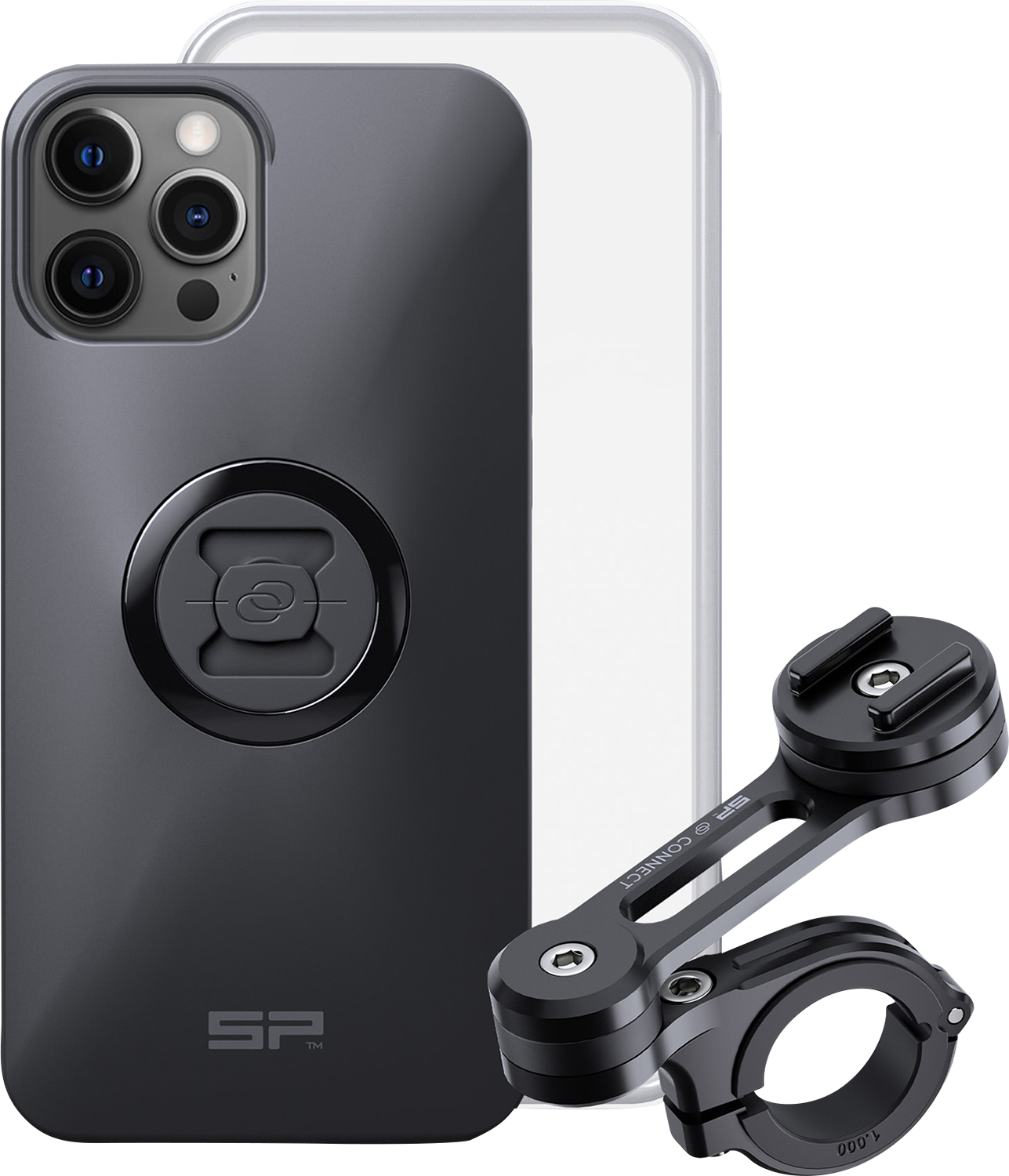 SP CONNECT iPhone 12 Pro Max phone holder kit mounted on a vehicle, showcasing secure grip and sleek design.