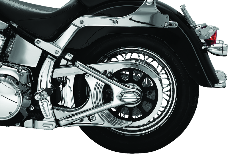 Kuryakyn Boomerang Frame Covers for Harley-Davidson Softail in chrome finish, designed for 2008-2017 Softail models.
