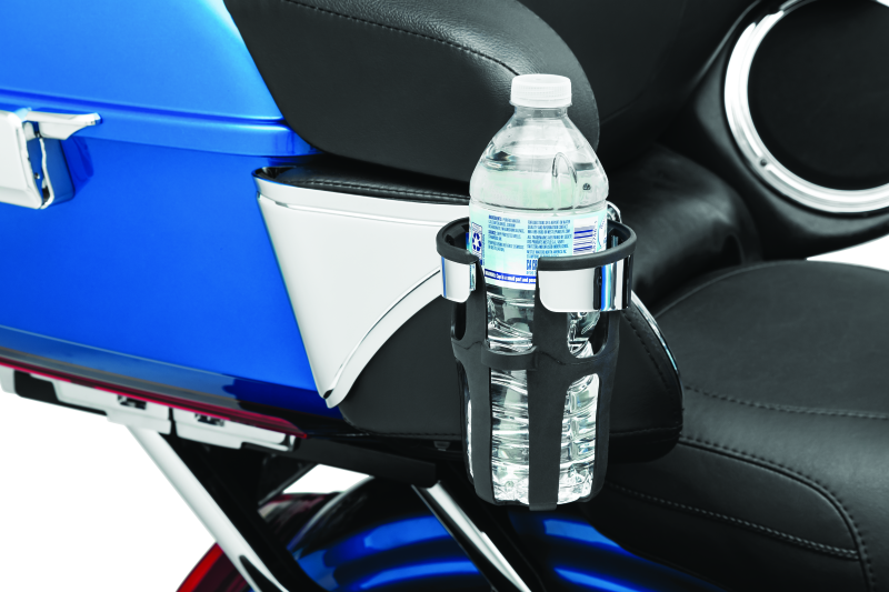 Kuryakyn Reflex drink holder attached to the right side passenger mount on a Harley-Davidson touring motorcycle