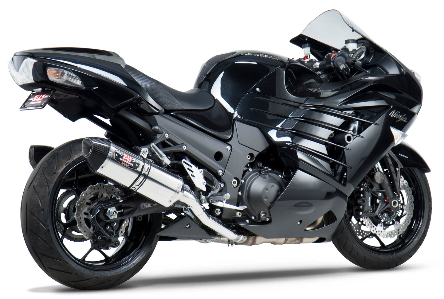 YOSHIMURA Race R 77 slip-on exhaust for motorcycle, dual SS/SS CF finish, shown on a bike with visible muffler and branding details.
