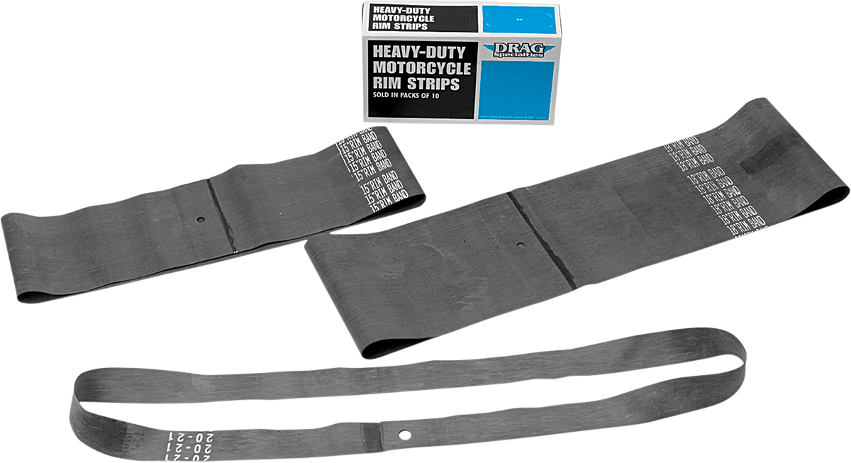 Set of 10 DRAG SPECIALTIES 15-inch by 5-inch rim strips with center valve hole for motorcycle wheels.