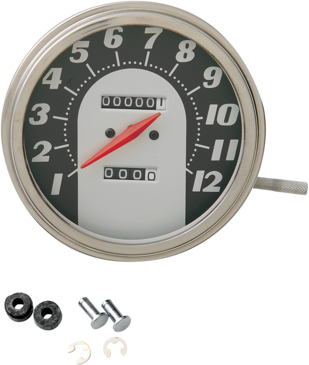 DRAG SPECIALTIES 5-inch MPH FL '62-'67 style speedometer with black face, 1:1 scale, for Harley-Davidson motorcycles.
