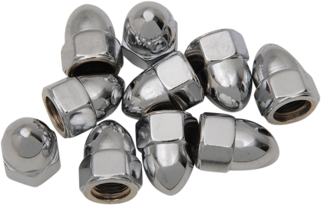 Chrome acorn nut from Drag Specialties, size 3/8 inch-16, displayed on a motorcycle part with a shiny metallic finish.