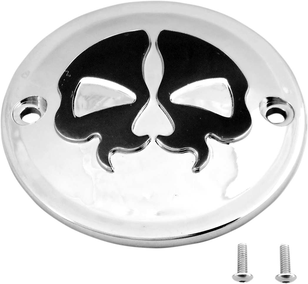 Chrome and black skull points cover for motorcycle ignition switch by DRAG SPECIALTIES, part number 78041.