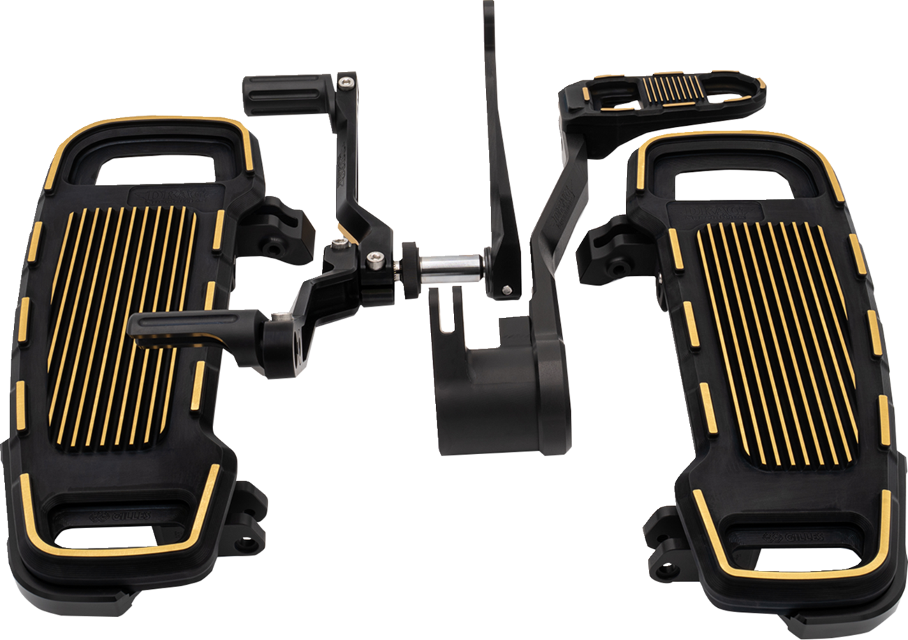 DRAG SPECIALTIES adjustable floorboard kit in black and gold with CNC machined aluminum construction for motorcycle customization.