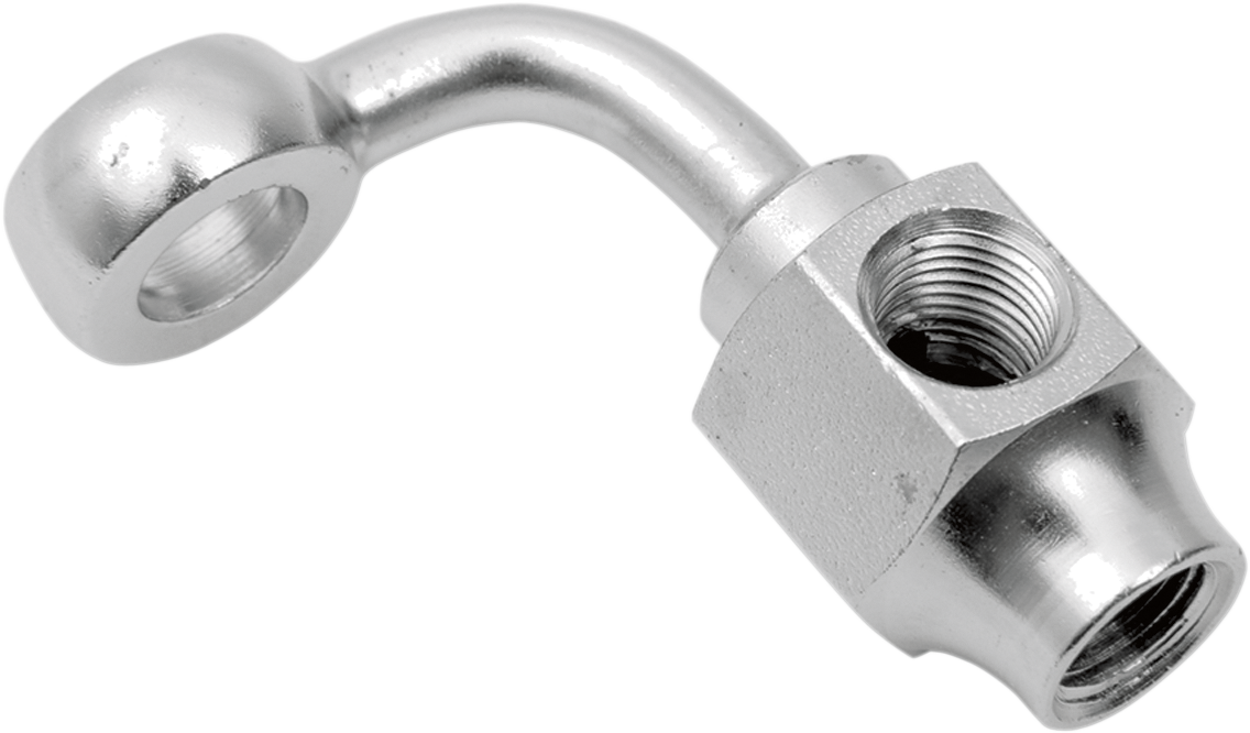 Drag Specialties banjo fitting, 3/8" x 1/8" NPT, 90° short angle, metal motorcycle part with threaded connections