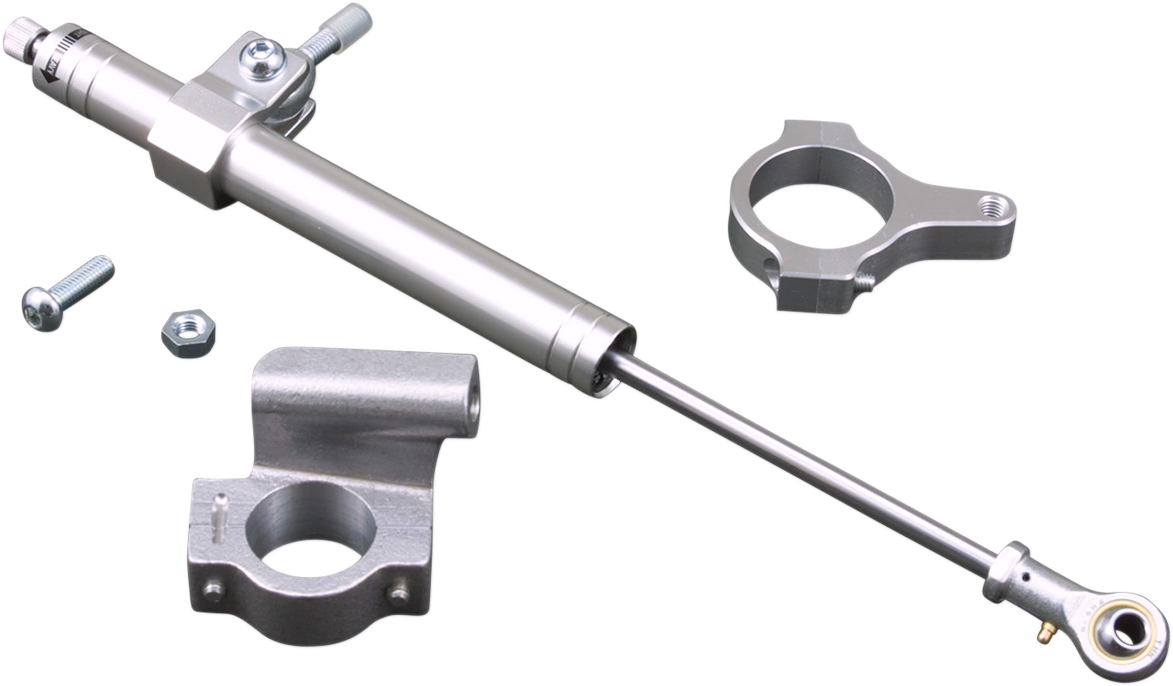 Chrome steering damper by Drag Specialties for Harley FXST models 2000-2017, part #37582-BC1, shown on a motorcycle.