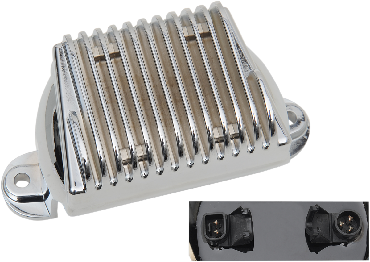 Chrome voltage regulator for 2009-2016 Harley FL models by Drag Specialties, shown with mounting brackets and electrical connections.