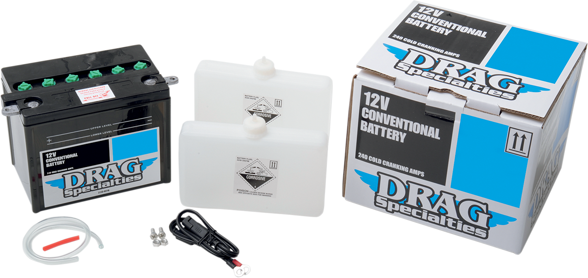 Conventional motorcycle battery kit from Drag Specialties, DHD4-12FP model, includes battery and installation components.