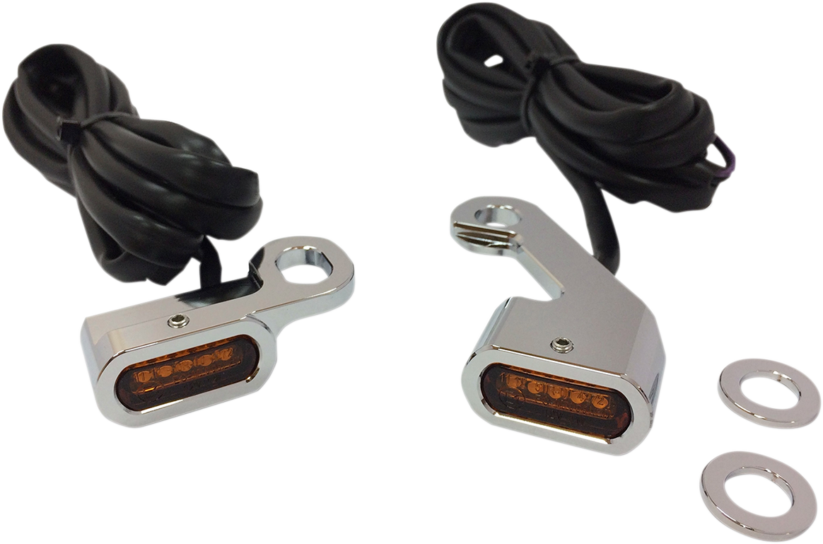 DRAG SPECIALTIES LED handlebar marker lights in chrome and amber for motorcycles, part #L22-0232CAENU, showing installed on handlebars